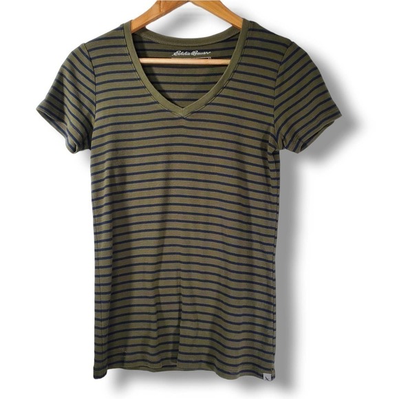Eddie Bauer Cotton Knit Stretch V-Neck Short Sleeve Shirt Green Blue Size Small - Picture 1 of 6